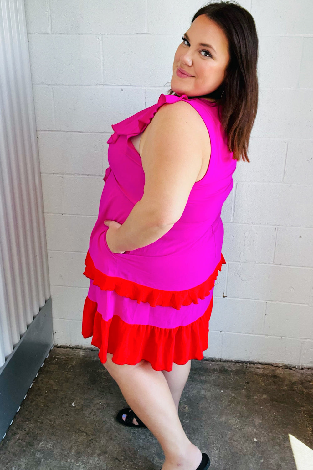 Fuchsia Ruffle Crepe Midi Dress