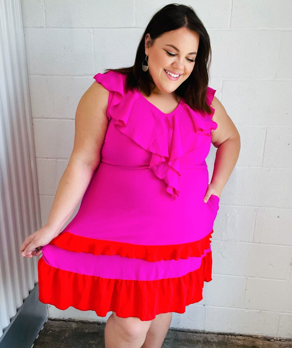 Fuchsia Ruffle Crepe Midi Dress