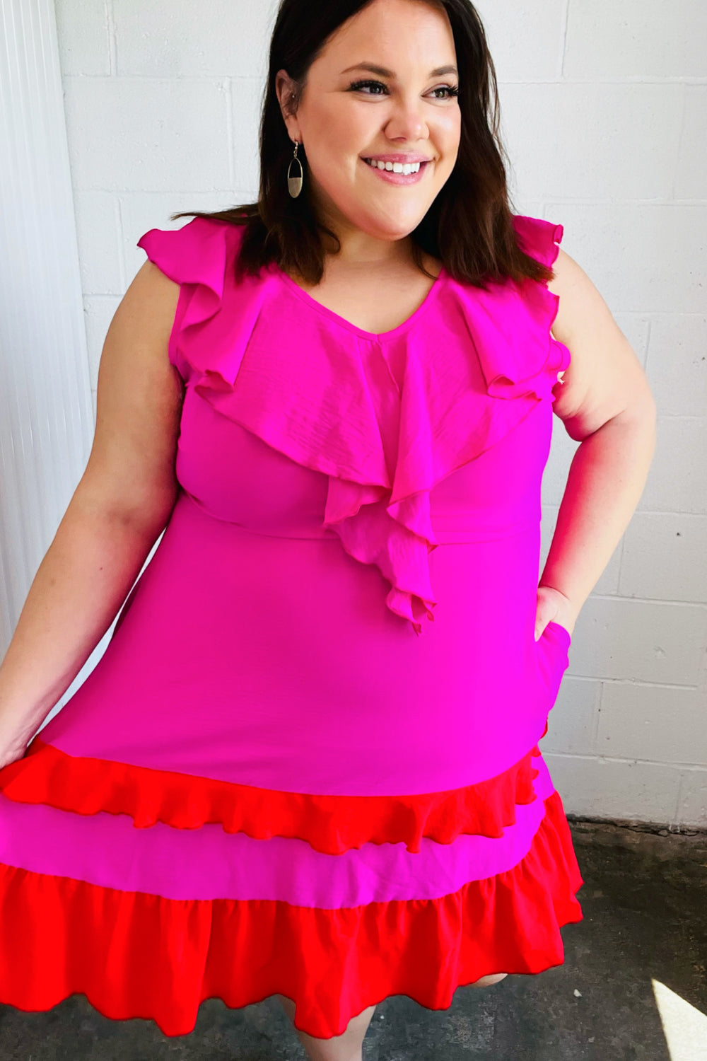 Fuchsia Ruffle Crepe Midi Dress