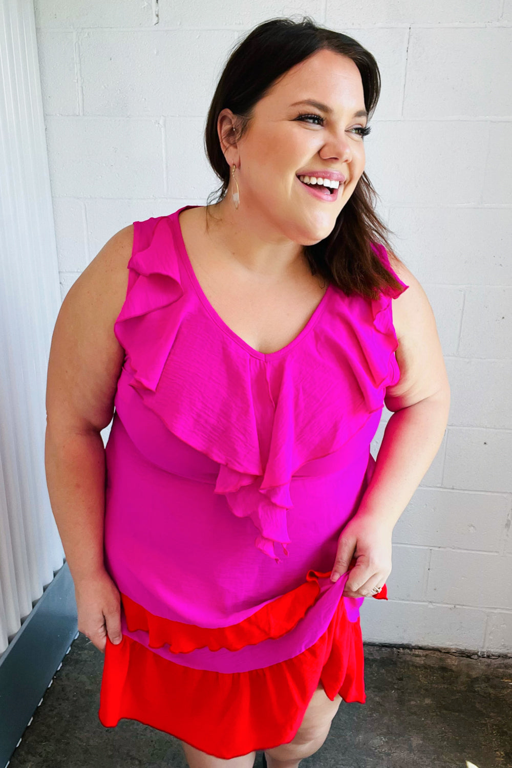 Fuchsia Ruffle Crepe Midi Dress