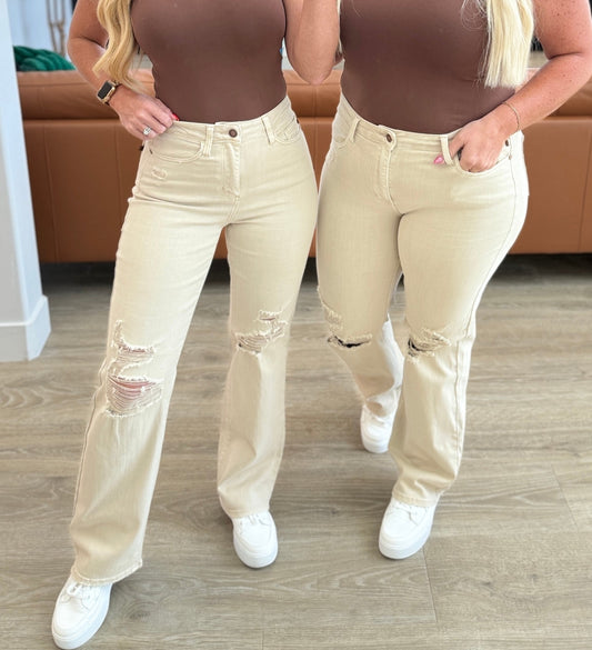 Selena High-Rise Distressed 90's Straight Jeans | Bone | Judy Blue