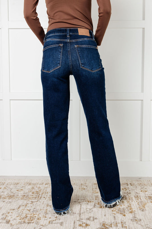 Jacqueline Mid-Rise Frayed Hem Straight Leg Jeans | Judy Blue