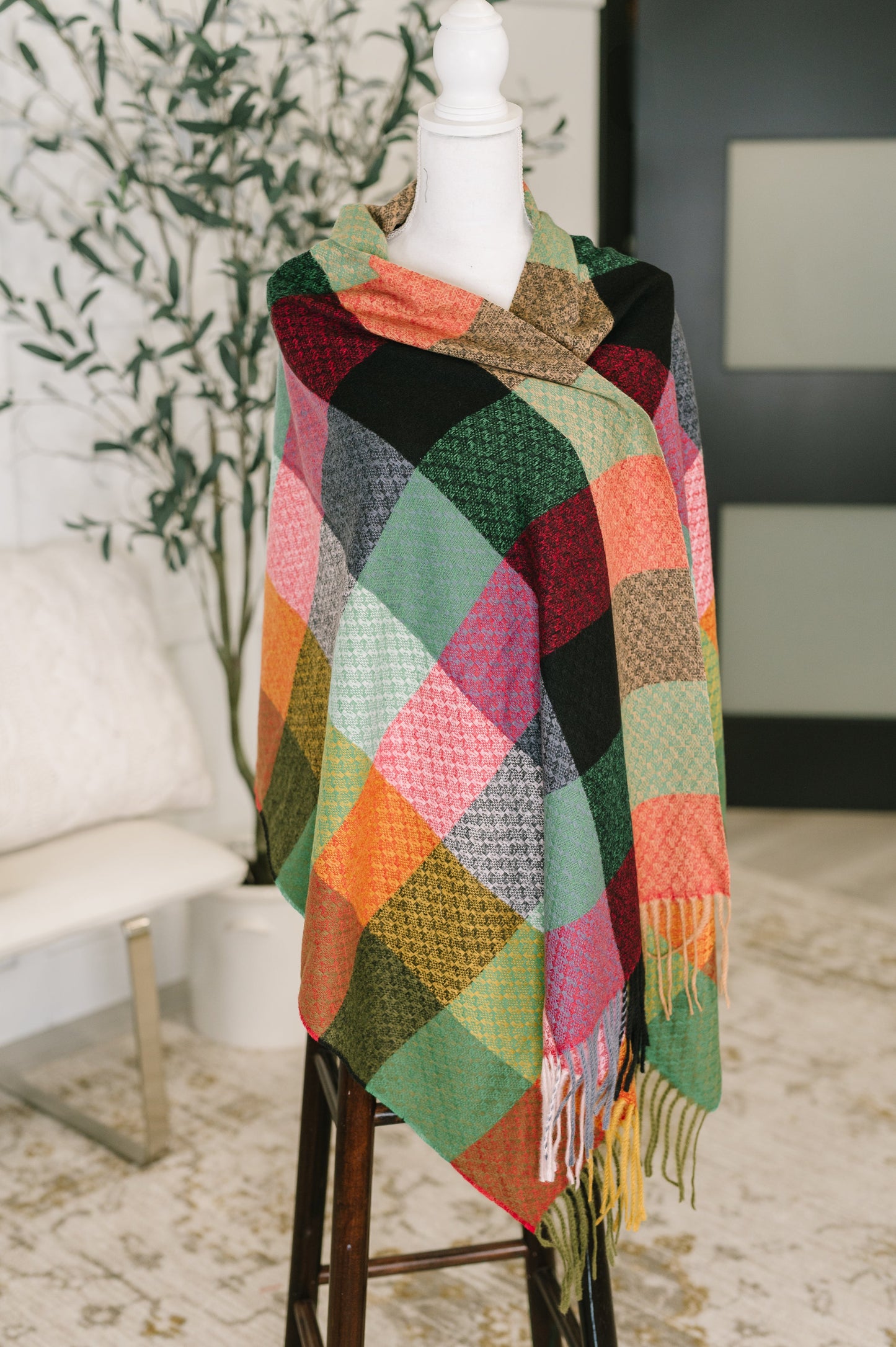 Keep Me Cozy Checkered Fringe Scarf | Berry