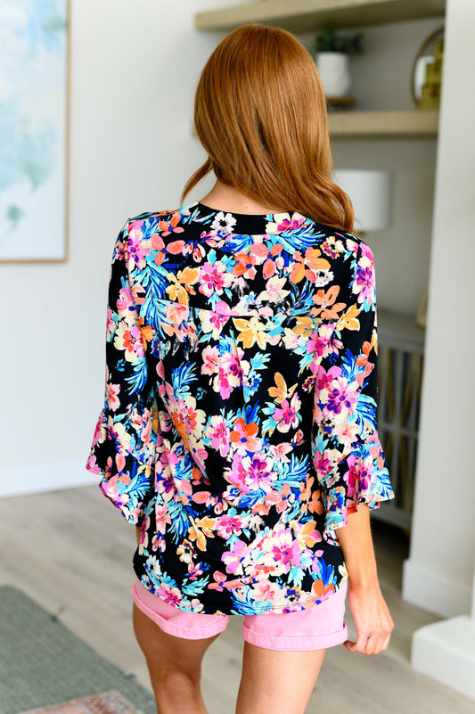 Lizzy Bell Sleeve Top |Black & Teal Tropical Floral