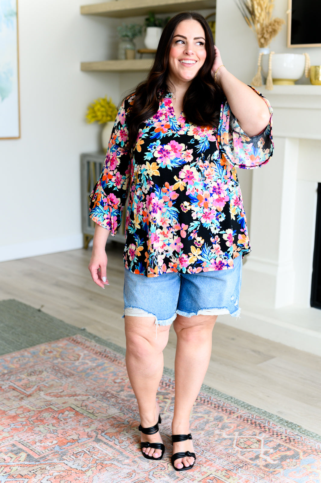 Lizzy Bell Sleeve Top |Black & Teal Tropical Floral