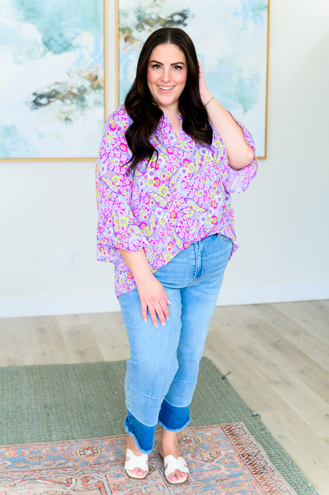 Lizzy Bell Sleeve Top | Lavender Retro Ditsy Floral