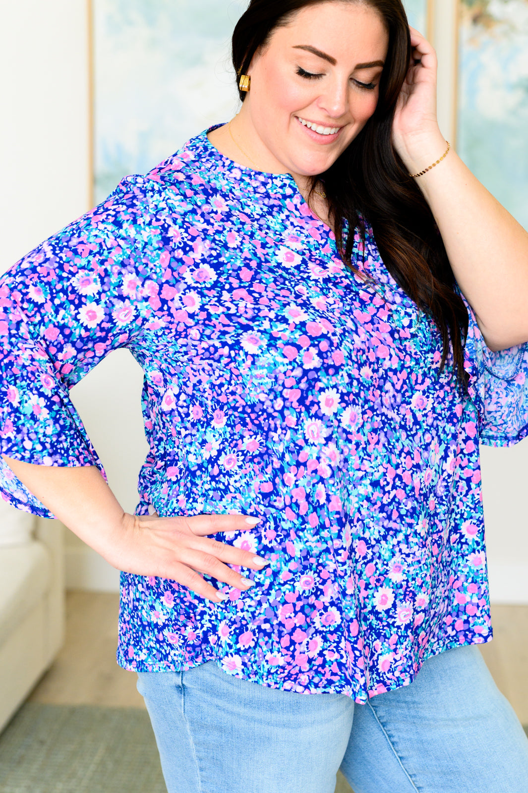 Lizzy Bell Sleeve Top | Navy & Pink Floral