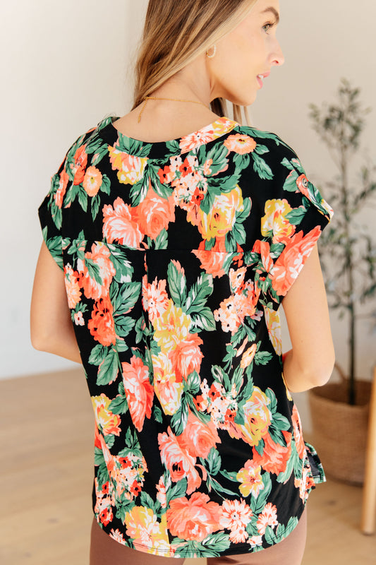Lizzy Cap Sleeve Top | Black Garden Floral