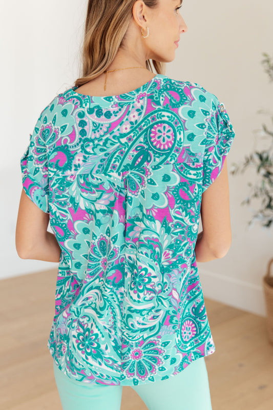 Lizzy Cap Sleeve Top | Magenta & Teal Paisley