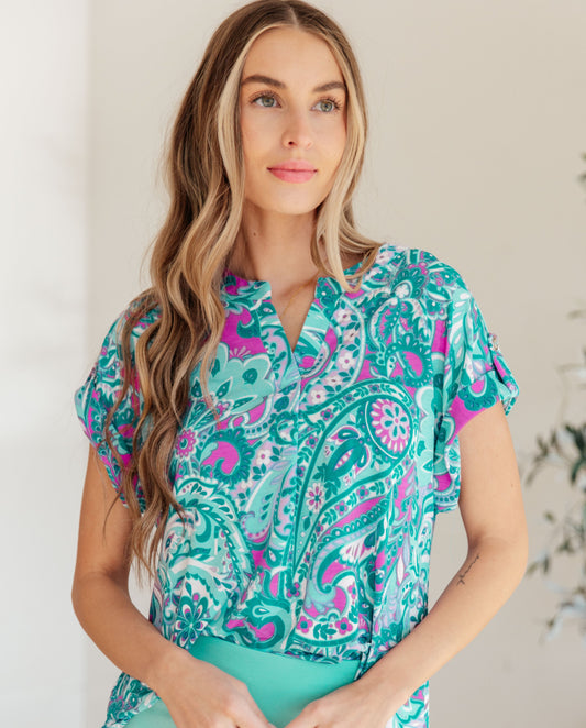 Lizzy Cap Sleeve Top | Magenta & Teal Paisley