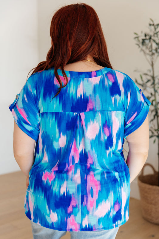 Lizzy Cap Sleeve Top | Royal Brush Strokes