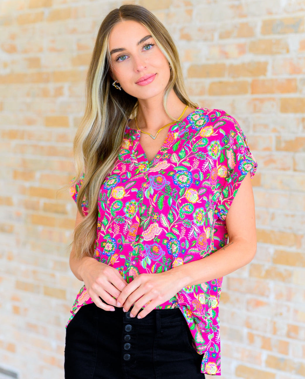 Lizzy Cap Sleeve Top | Fuchsia & Green Floral Paisley