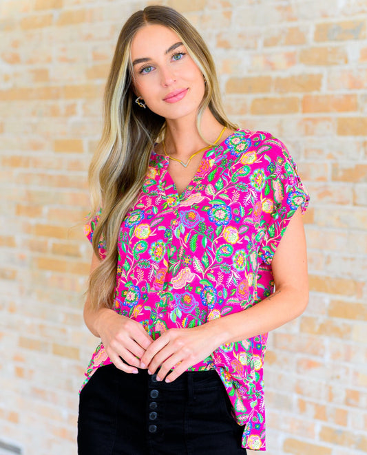 Lizzy Cap Sleeve Top | Fuchsia & Green Floral Paisley