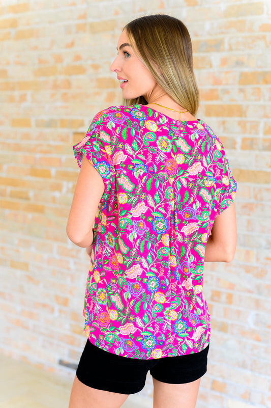 Lizzy Cap Sleeve Top | Fuchsia & Green Floral Paisley