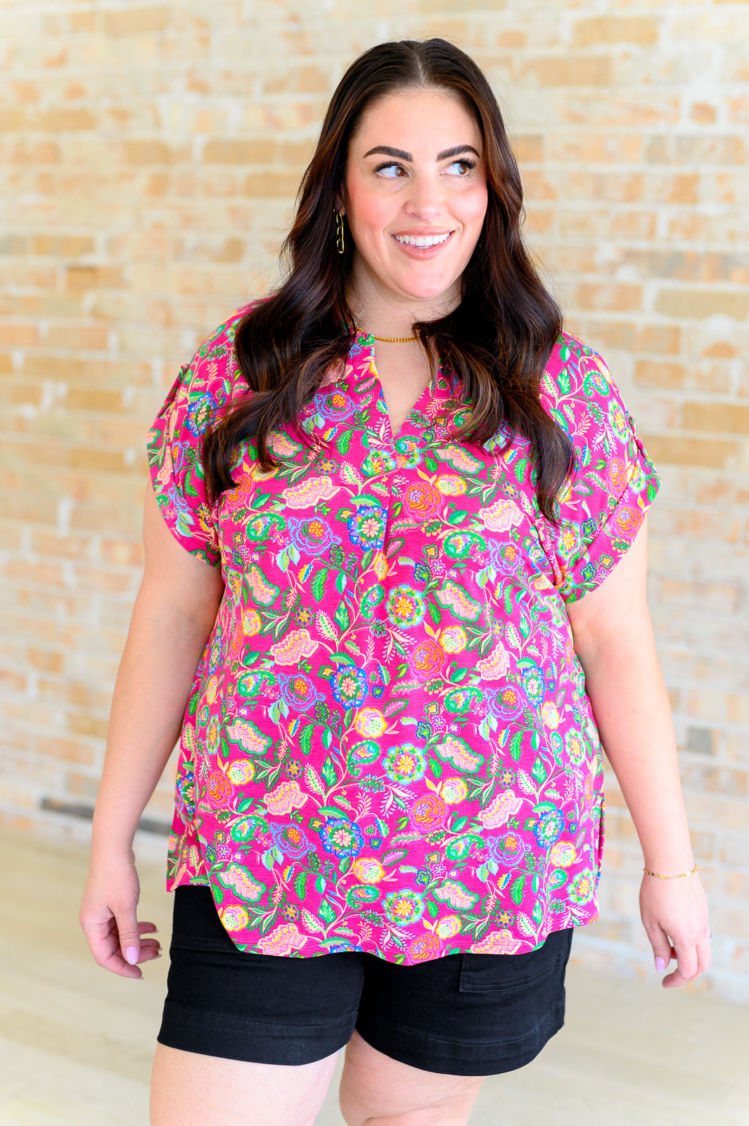 Lizzy Cap Sleeve Top | Fuchsia & Green Floral Paisley