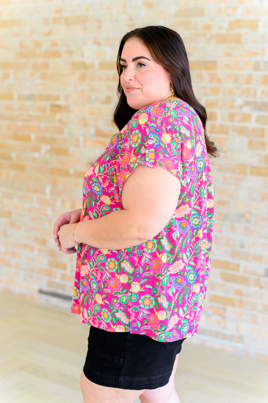 Lizzy Cap Sleeve Top | Fuchsia & Green Floral Paisley