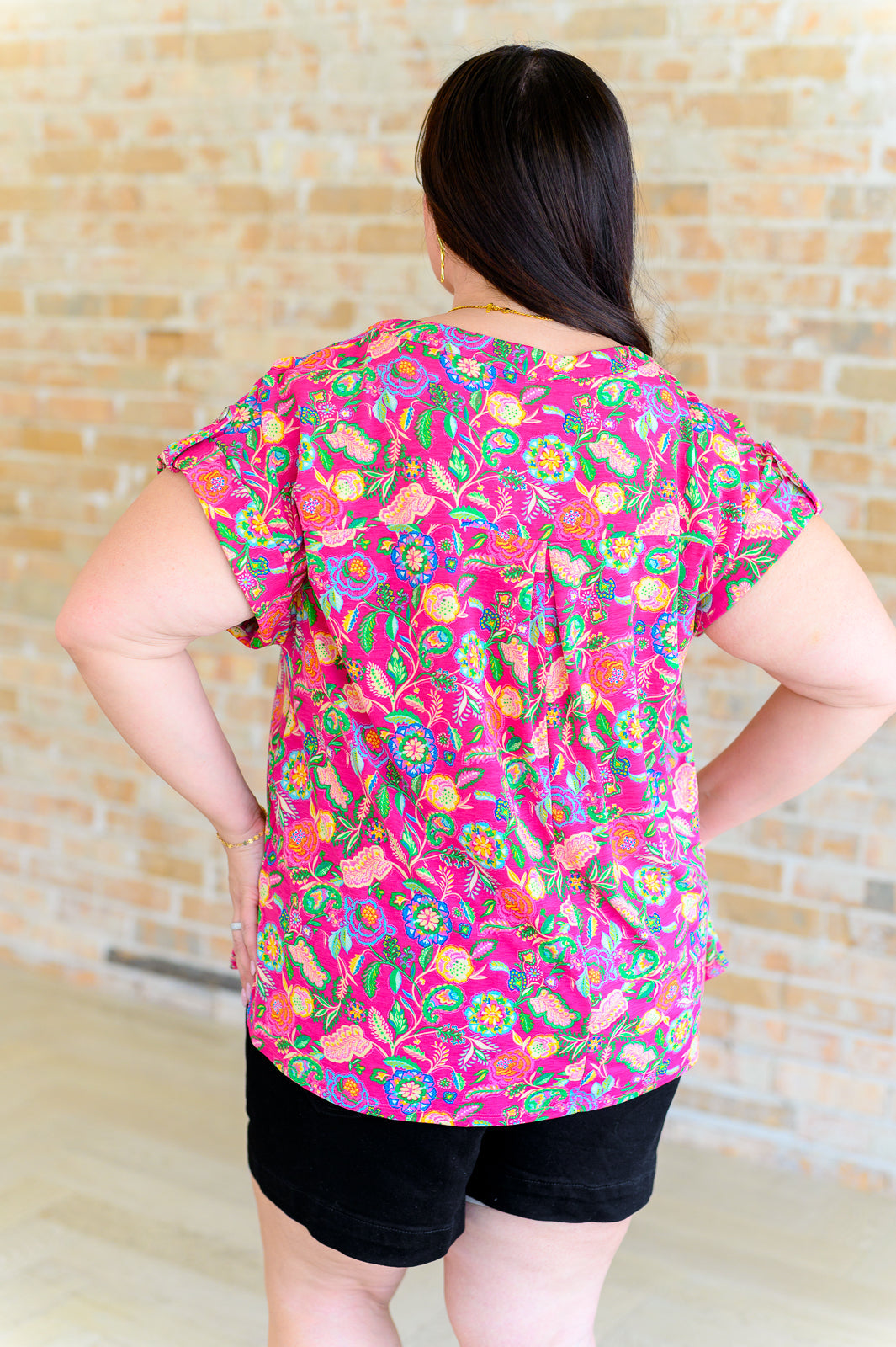 Lizzy Cap Sleeve Top | Fuchsia & Green Floral Paisley