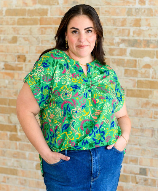 Lizzy Cap Sleeve Top | Green & Royal Watercolor Floral