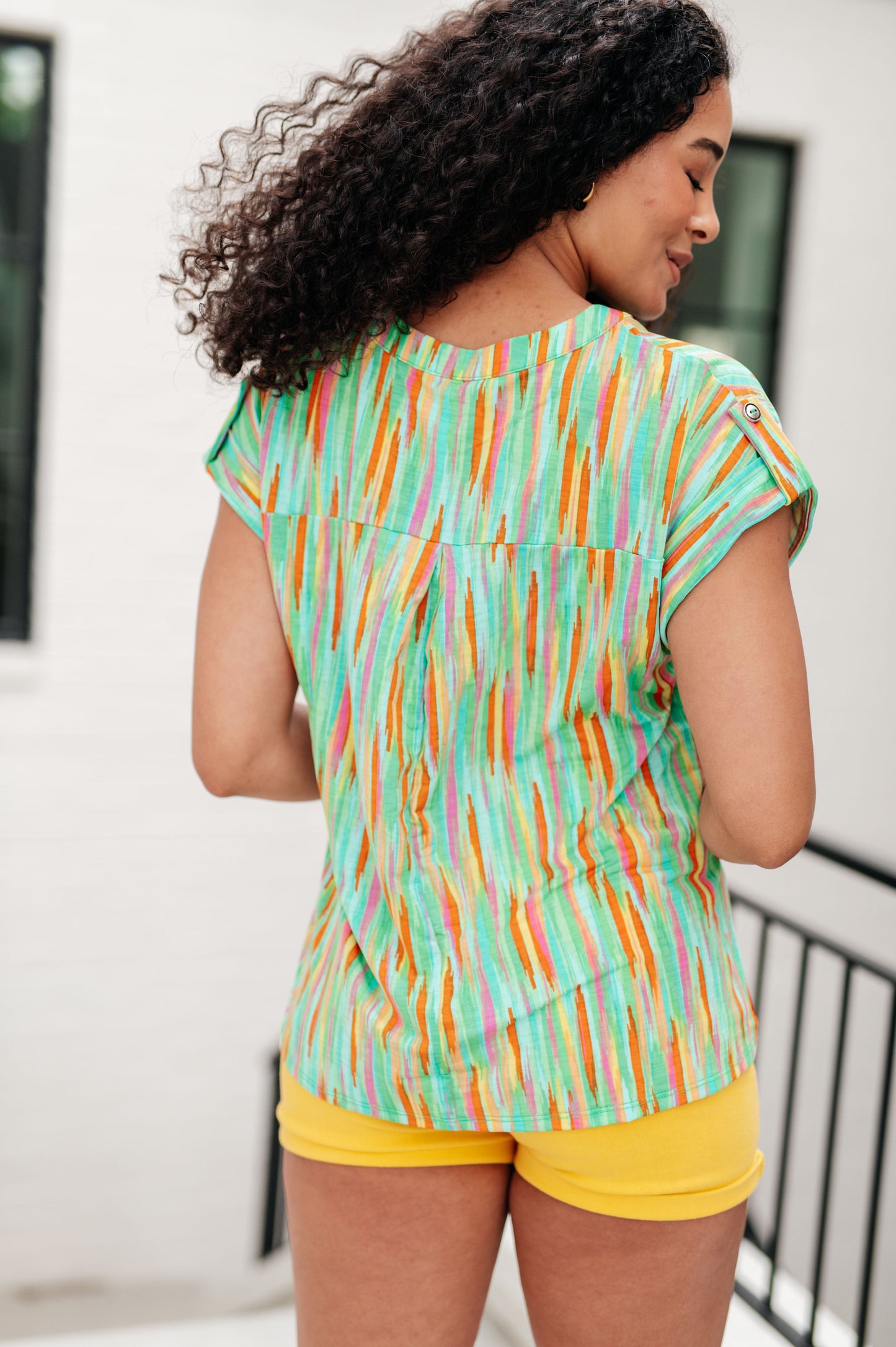 Lizzy Cap Sleeve Top | Lime & Emerald Multi Stripe