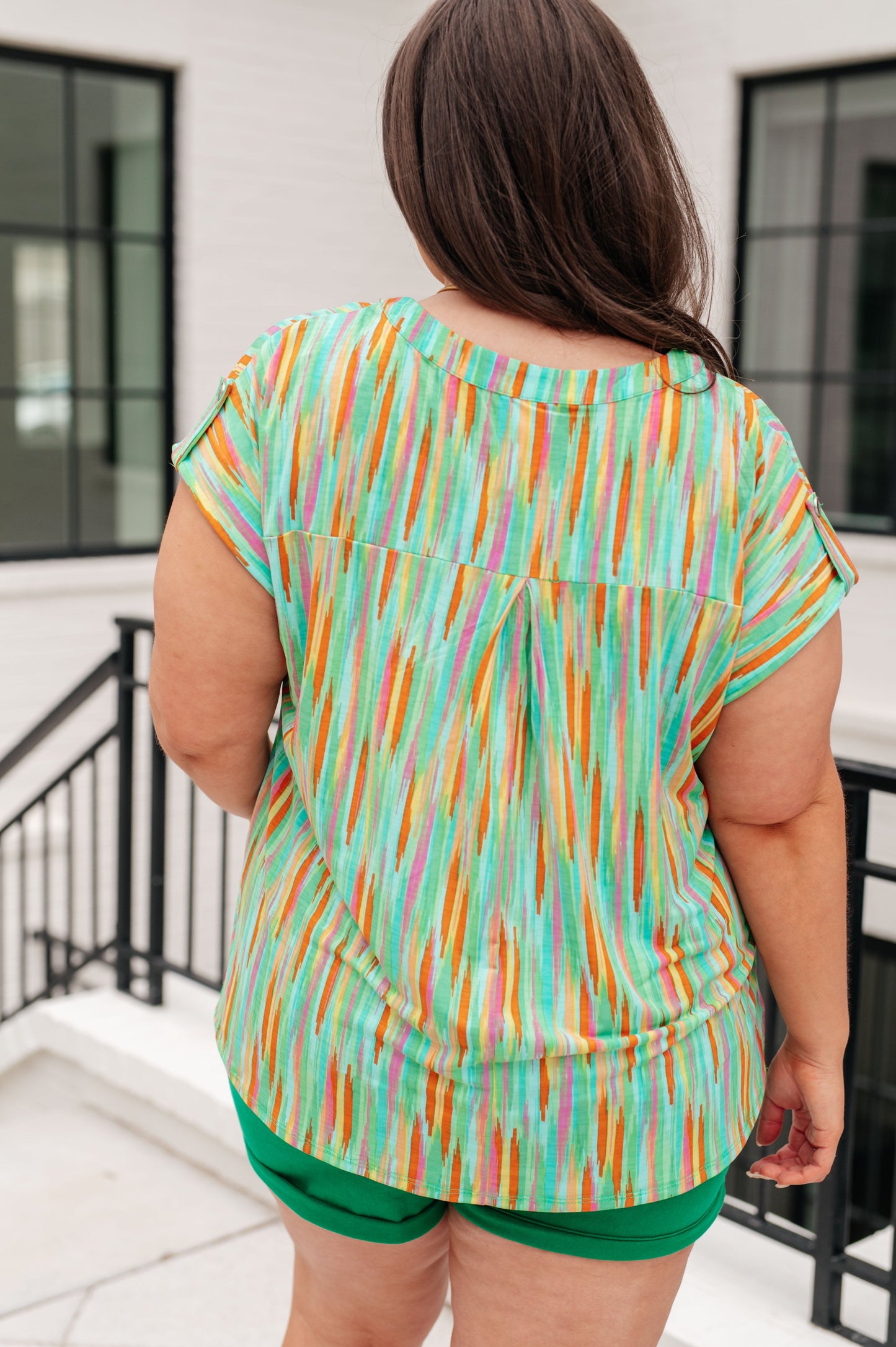 Lizzy Cap Sleeve Top | Lime & Emerald Multi Stripe