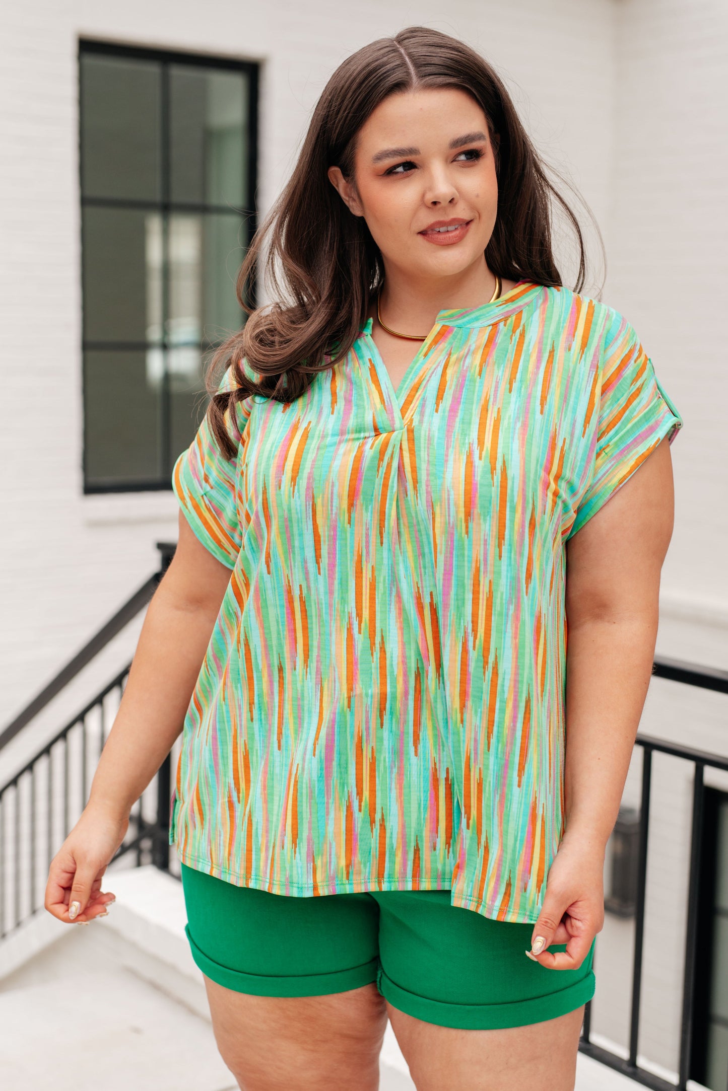 Lizzy Cap Sleeve Top | Lime & Emerald Multi Stripe