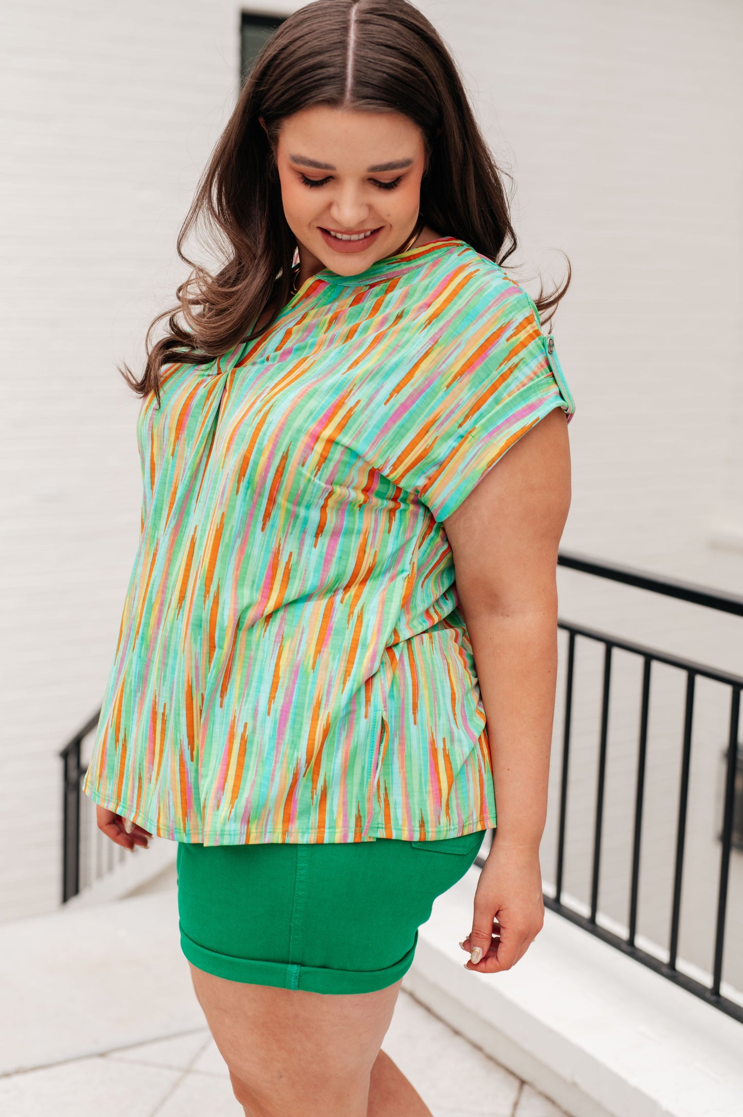 Lizzy Cap Sleeve Top | Lime & Emerald Multi Stripe