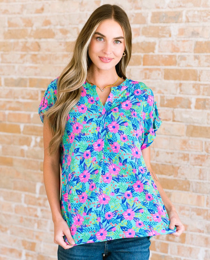 Lizzy Cap Sleeve Top | Mint & Lavender Floral