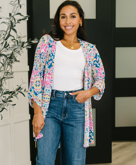 Lizzy Cardigan | Teal & Pink