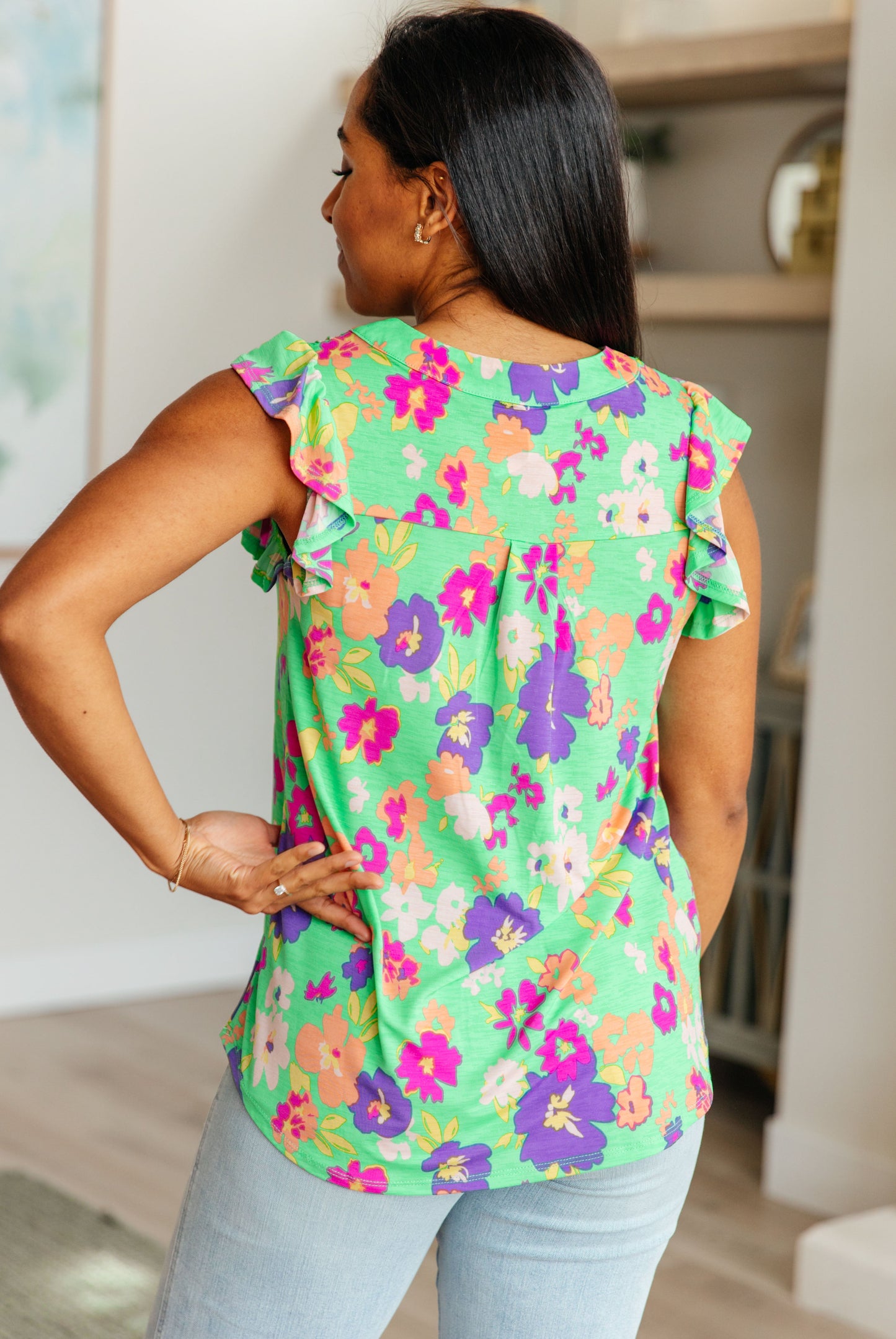 Lizzy Flutter Sleeve Top | Emerald & Purple Floral