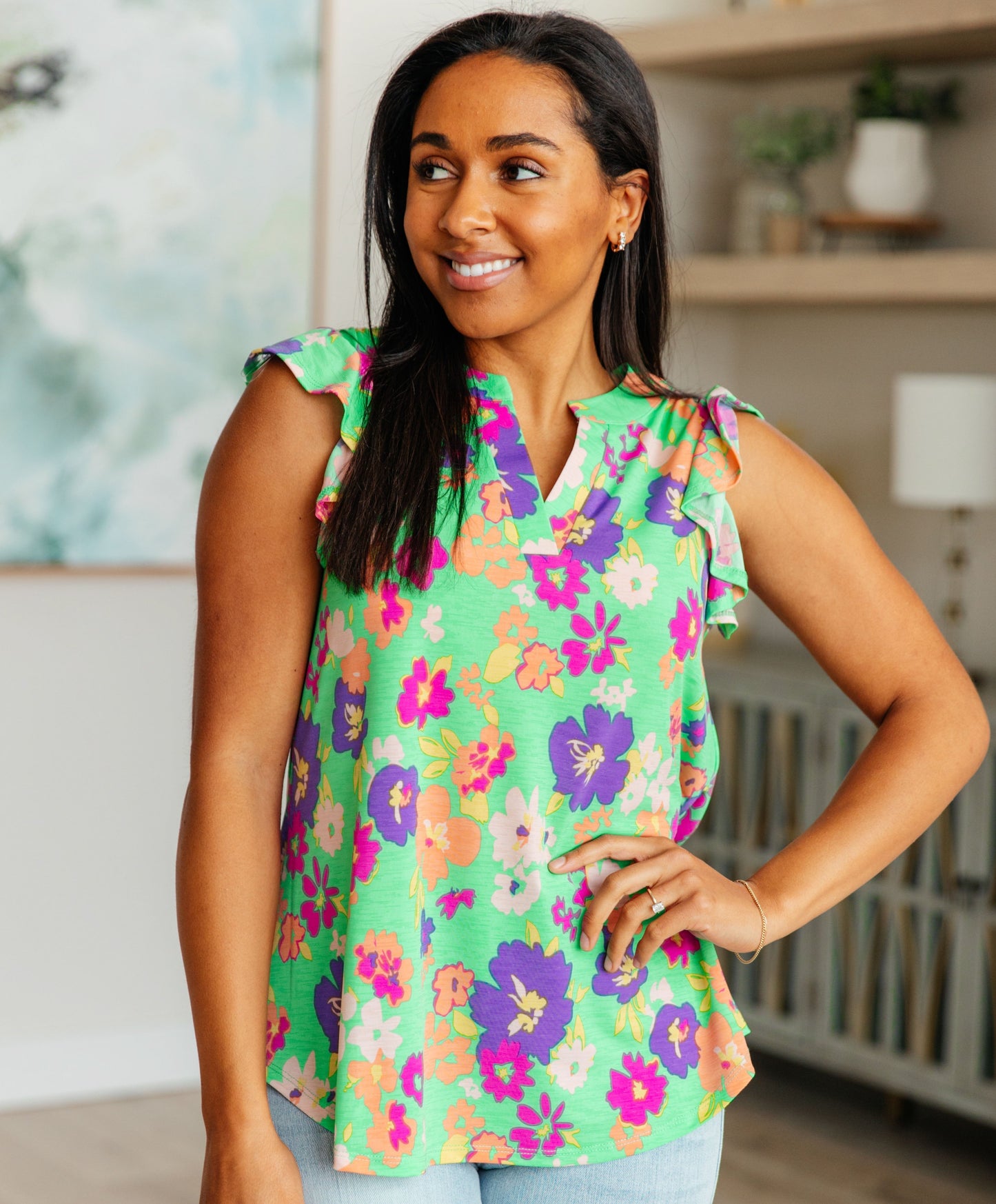 Lizzy Flutter Sleeve Top | Emerald & Purple Floral