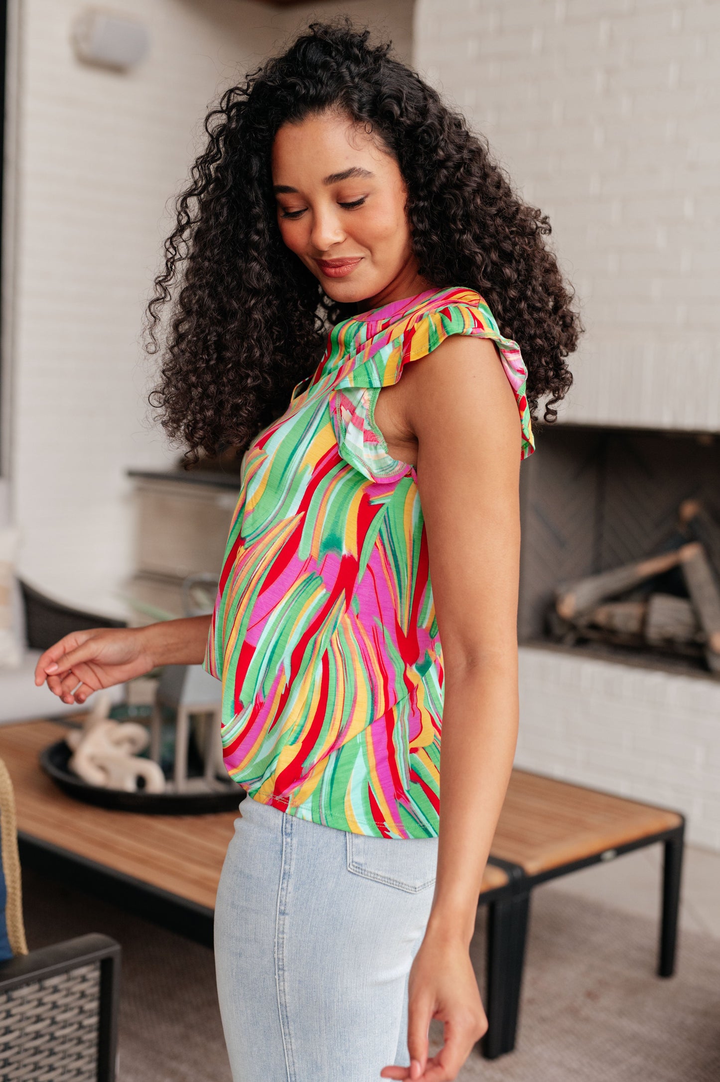 Lizzy Flutter Sleeve Top | Green Abstract Stripe