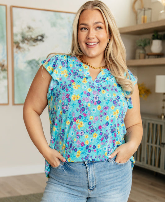 Lizzy Flutter Sleeve Top | Teal & Purple Floral