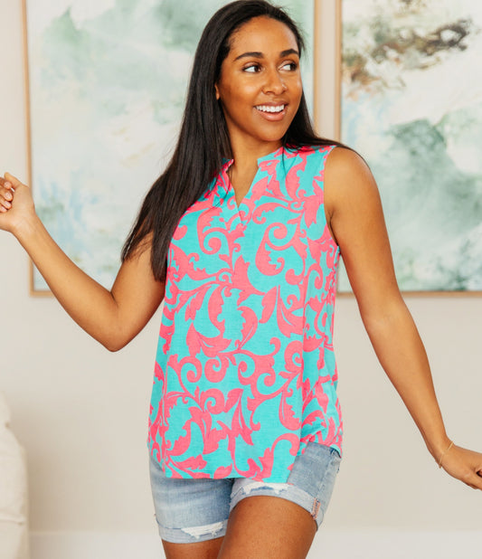 Lizzy Tank Top | Aqua & Pink Filigree