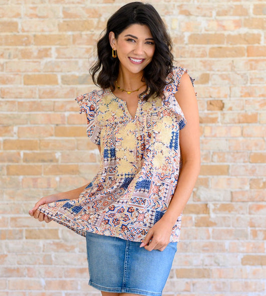 Love of My Life Flutter Sleeve Top | Denim Taupe