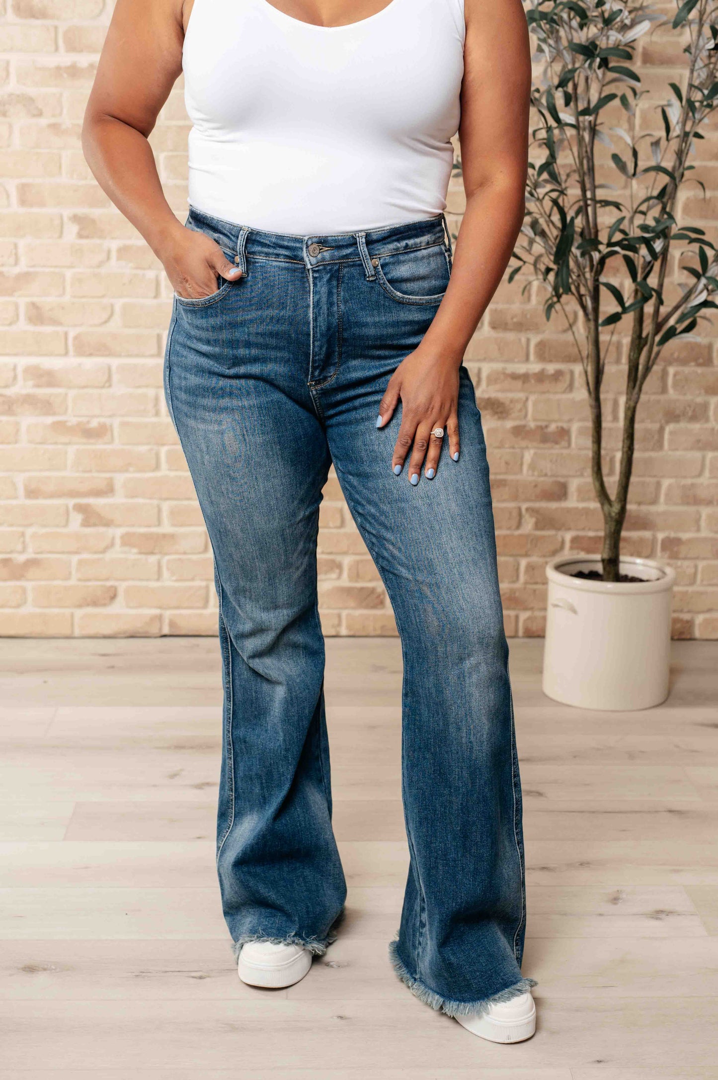 Miley High-Waist Control Top Frayed Hem Flare Jeans | Judy Blue