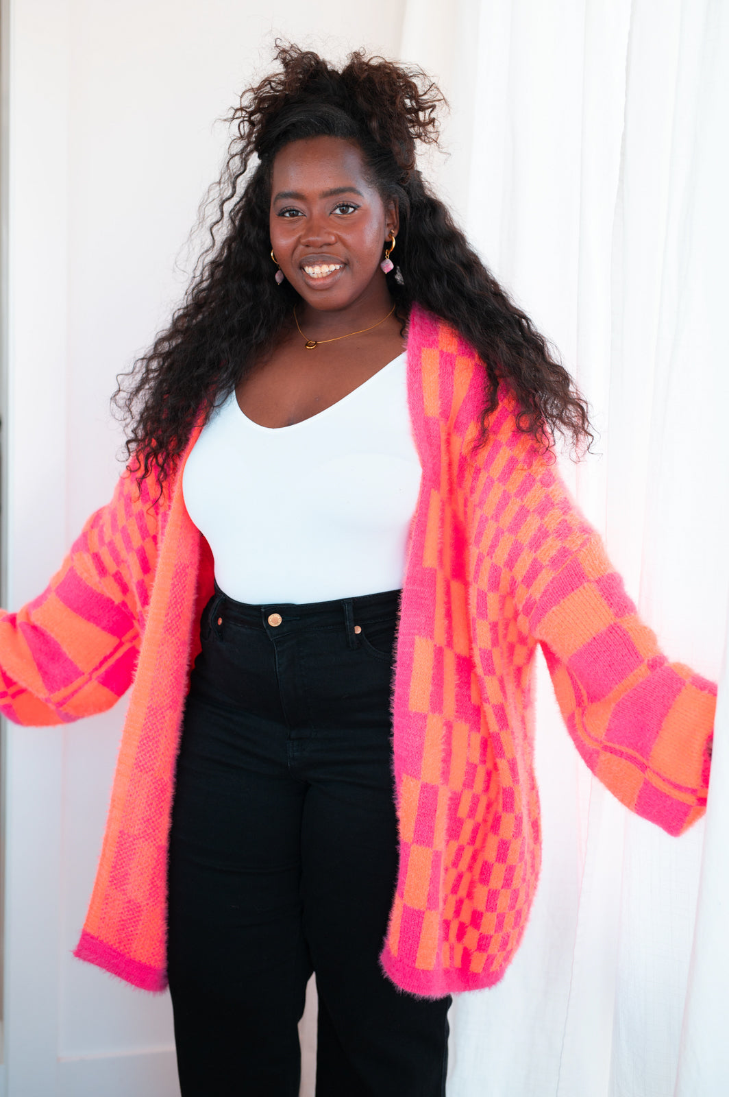 Noticed in Neon Checkered Cardigan | Pink & Orange