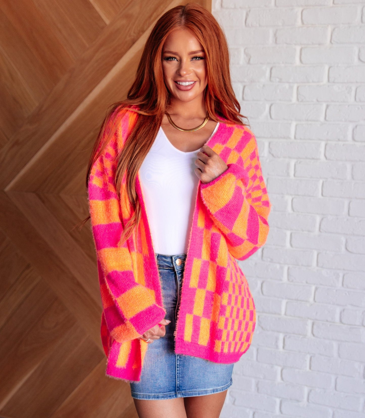 Noticed in Neon Checkered Cardigan | Pink & Orange