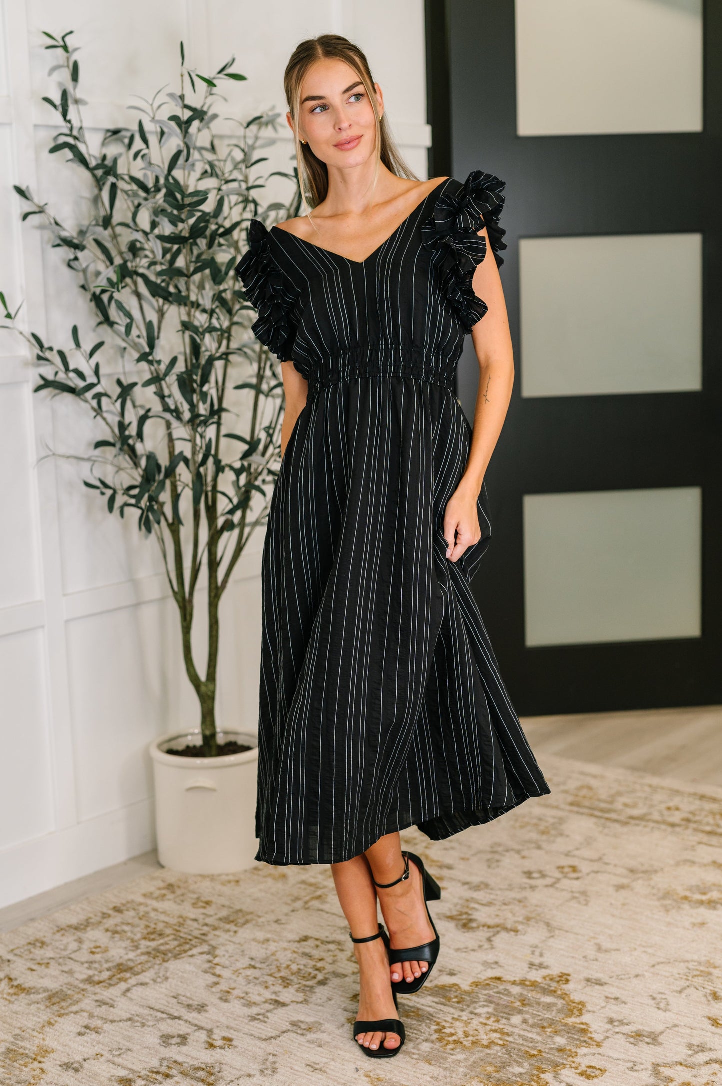 Pinstripe Romance Ruffle Sleeve Dress | Black