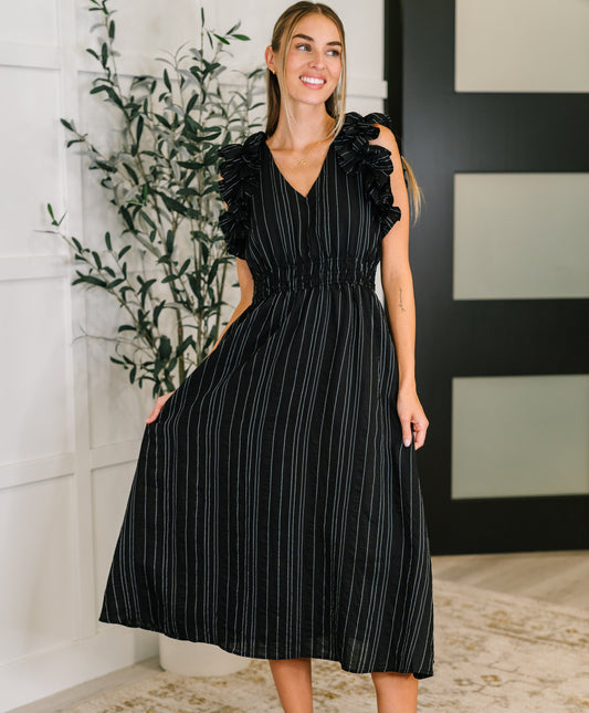 Pinstripe Romance Ruffle Sleeve Dress | Black