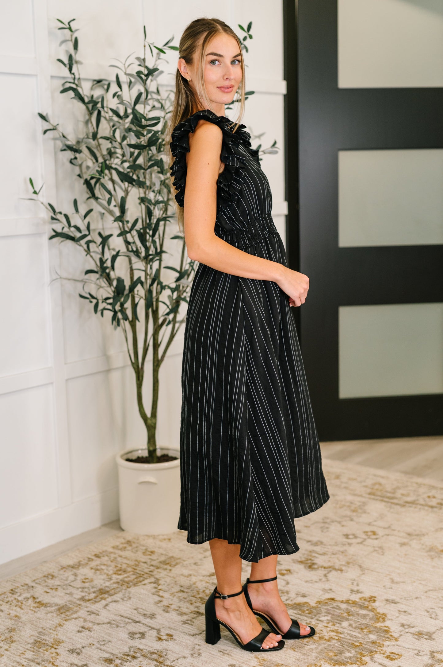 Pinstripe Romance Ruffle Sleeve Dress | Black