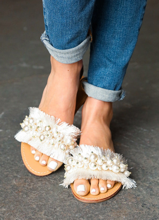 Linen Frayed & Beaded Sandals