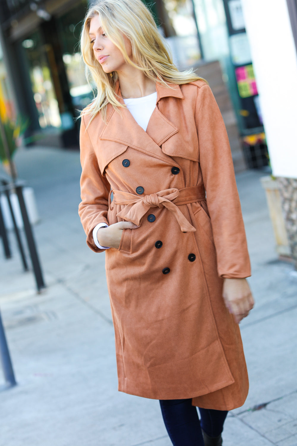 Suede Double Breasted Belted Trench Coat