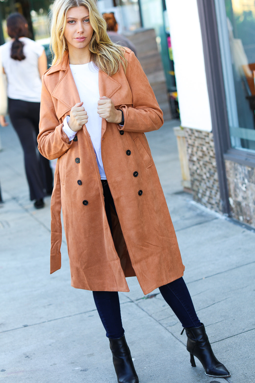 Suede Double Breasted Belted Trench Coat