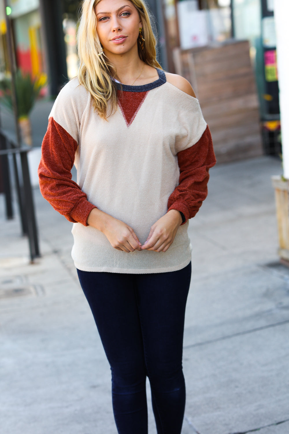 Oatmeal Textured Cold Shoulder Top