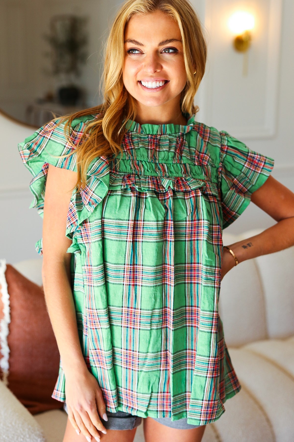 Live For Today Plaid Flutter Sleeve Top