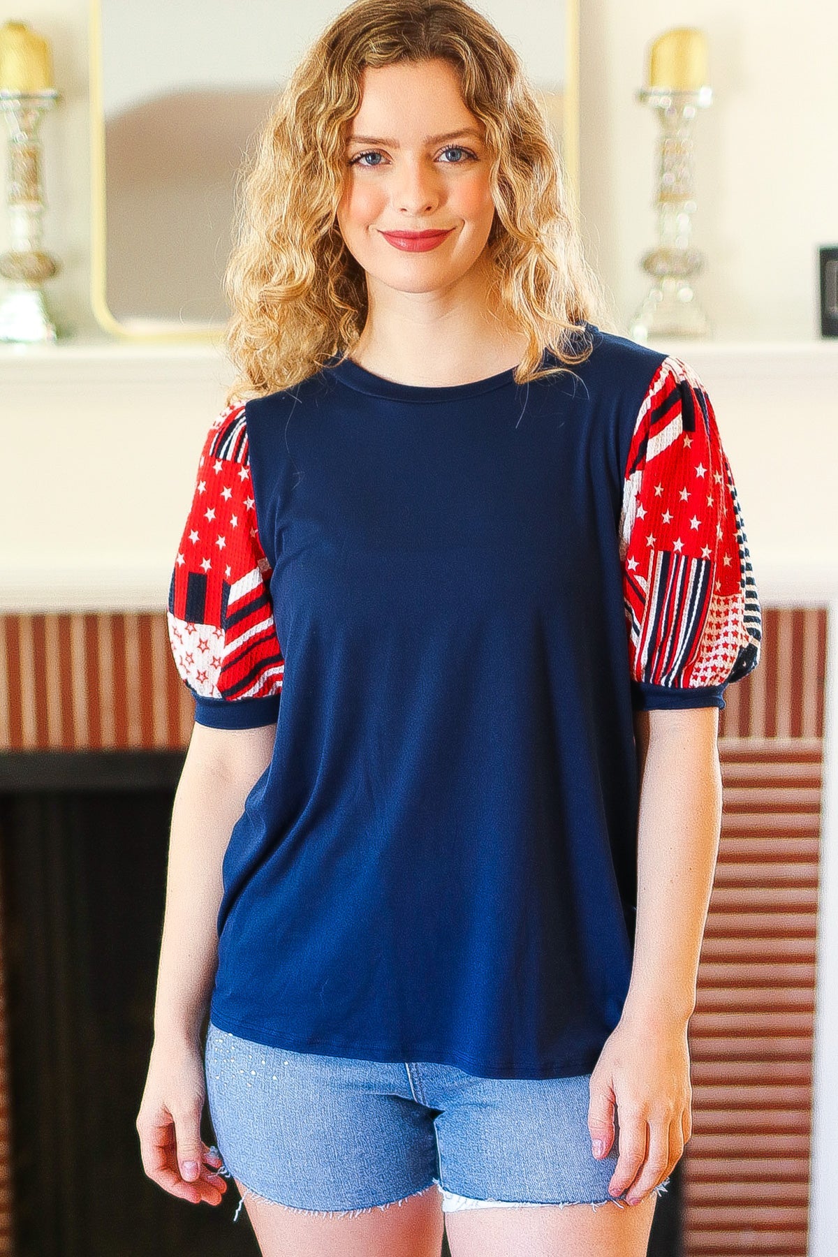 Holiday Stand-Out Patriotic Patchwork Puff Sleeve Top