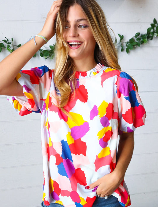 Multicolor Frilled Puff Sleeve Top