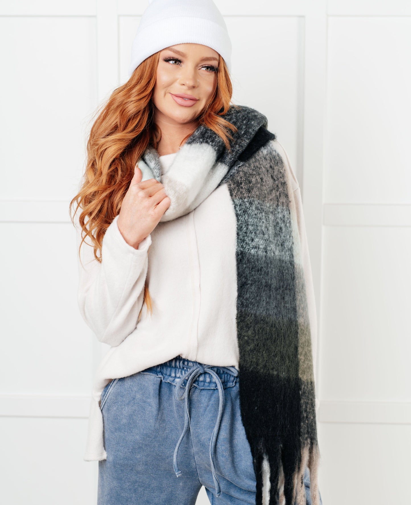 Wanderlust Wrap Oversized Plaid Fringe Scarf | Grey & Jade