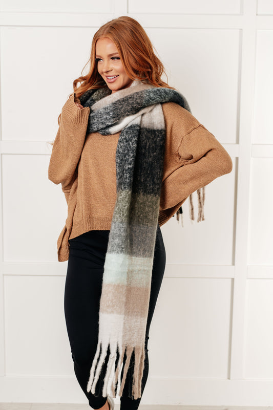 Wanderlust Wrap Oversized Plaid Fringe Scarf | Grey & Jade