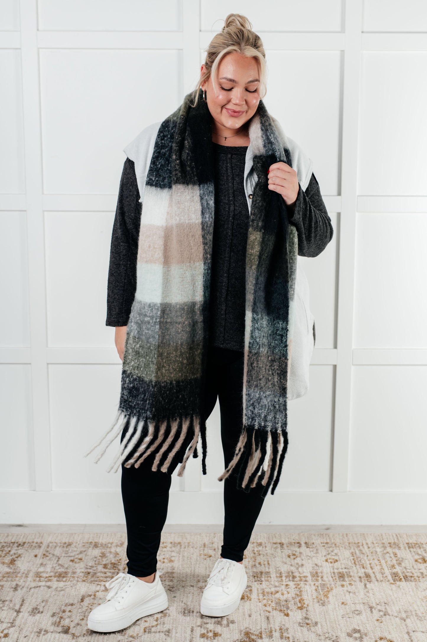 Wanderlust Wrap Oversized Plaid Fringe Scarf | Grey & Jade